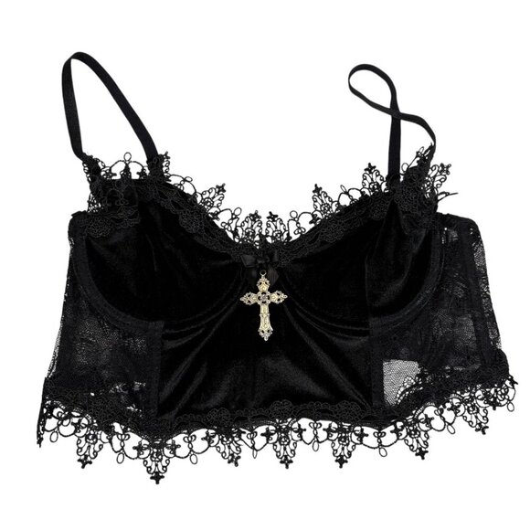 Widow - Dolls Kill Black Lace & Velvet Goth Emo Bralette with Cross Size Small - Picture 1 of 8